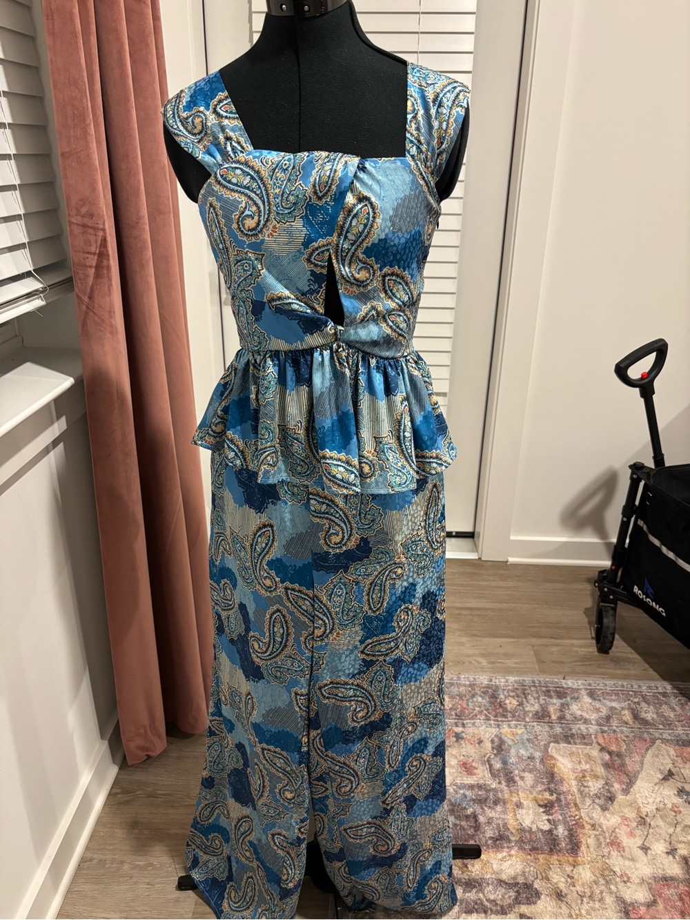 Blue Paisley Peplum Set with Square Neckline